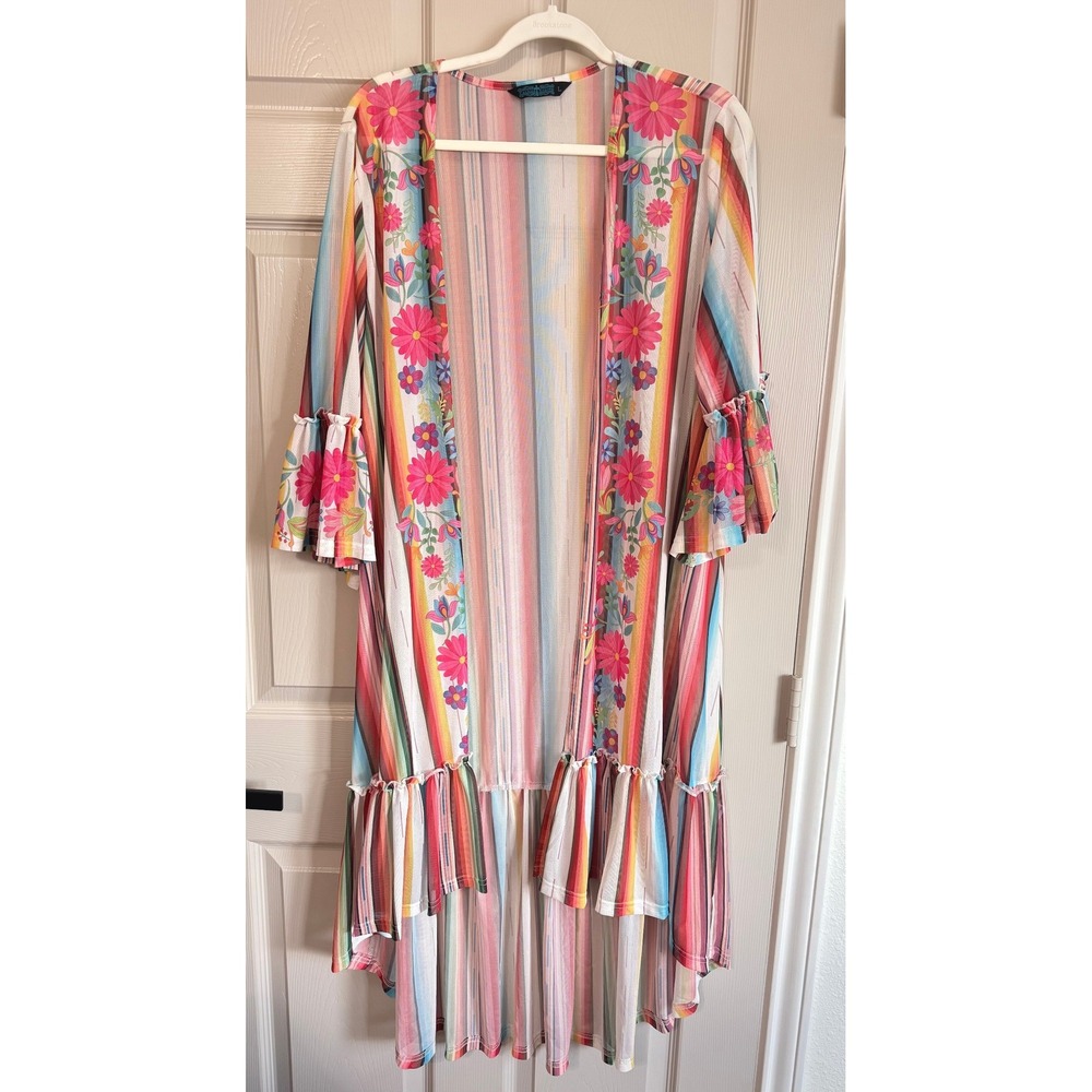 Fashion Express Duster Women L Colorful Floral Stripe Mesh Ruffle Kimono Western